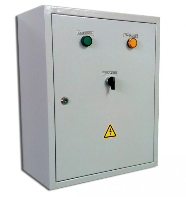 Щит переключения на генератор ЩАПг-3-3-40  с зарядным устройством, выходы под блок автозапуска БАЗГ-10,   (сеть 1/3 фазная генератор 1/3 -фазный  40А, 8/20кВт max IP31)